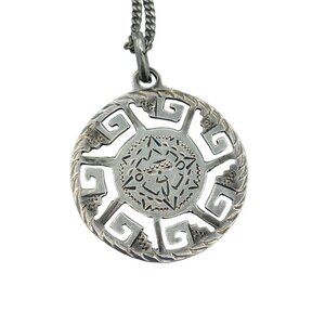 Vintage Sterling Silver Mexico Aztec Open Work Sun Pendant Necklace Signed RAG